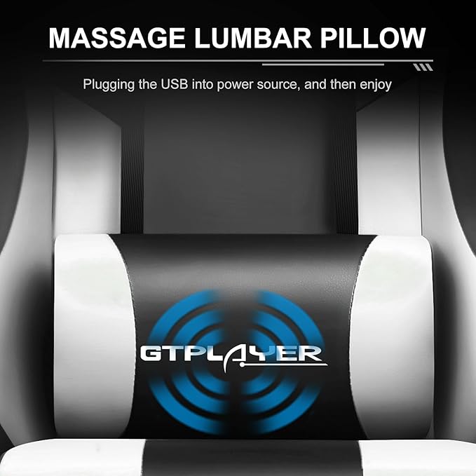 GTPLAYER Gaming Chair, Massage Computer Chairs with Footrest, Headrest and Lumbar Support Height Adjustable Ergonomic 360°-Swivel PC Chair White
