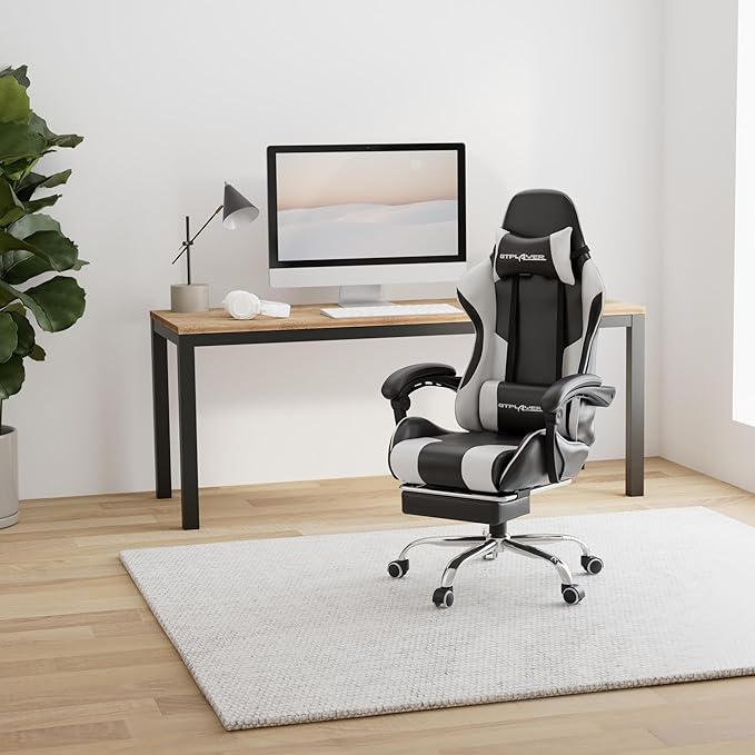 GTPLAYER Gaming Chair, Massage Computer Chairs with Footrest, Headrest and Lumbar Support Height Adjustable Ergonomic 360°-Swivel PC Chair White