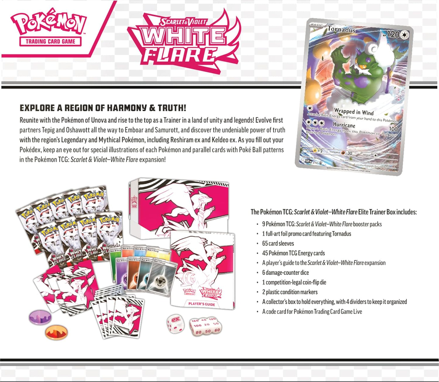 Pokémon TCG: Scarlet & Violet—White Flare Elite Trainer Box – Reshiram (1 Full-Art Tornadus Promo Card, 18 Boosters & Premium Accessories)