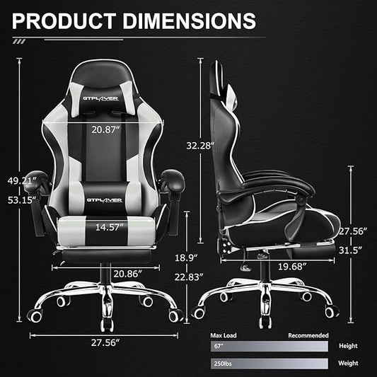 GTPLAYER Gaming Chair, Massage Computer Chairs with Footrest, Headrest and Lumbar Support Height Adjustable Ergonomic 360°-Swivel PC Chair White