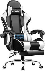 GTPLAYER Gaming Chair, Massage Computer Chairs with Footrest, Headrest and Lumbar Support Height Adjustable Ergonomic 360°-Swivel PC Chair White